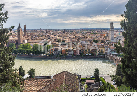 Panoramic view of the Verona city from Castel San Pietro castle, Italy, Europe. 122700227