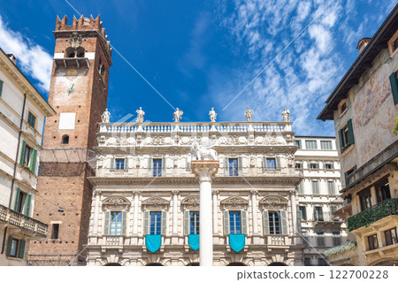 Piazza delle Erbe square with Palazzo Maffei palace in historic centre of Verona town, Italy, Europe. 122700228