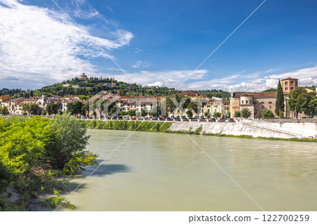 Verona town with flowing The Adige river, Italy, Europe. 122700259
