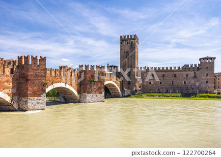 Castelvecchio castle with Ponte di Castelvecchio bridge also know as Scaliger Bridge over Adige River in Verona town, Italy, Europe. Castelvecchio castle with Ponte di Castelvecchio bridge also know as Scaliger Bridge over Adige River in Verona town, Italy, Europe. 122700264