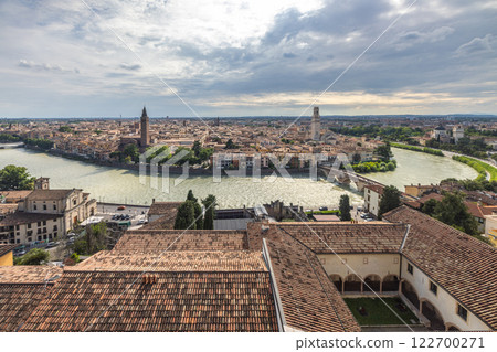 Panoramic view of the Verona city from Castel San Pietro castle, Italy, Europe. Panoramic view of the Verona city from Castel San Pietro castle, Italy, Europe. 122700271