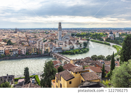 Panoramic view of the Verona city with Ponte Pietra bridge from Castel San Pietro castle, Italy, Europe. Panoramic view of the Verona city with Ponte Pietra bridge from Castel San Pietro castle, Italy, Europe. 122700275