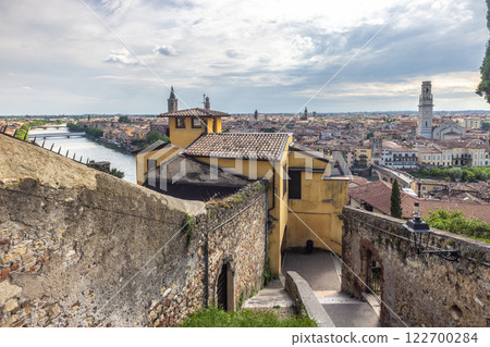 Panoramic view of the Verona city from Castel San Pietro castle, Italy, Europe. 122700284