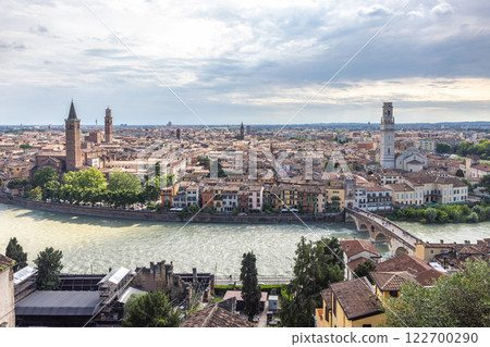 Panoramic view of the Verona city from Castel San Pietro castle, Italy, Europe. 122700290
