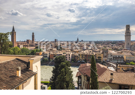 Panoramic view of the Verona city from Castel San Pietro castle, Italy, Europe. 122700293