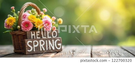 Colorful spring flowers in wicker basket with Hello Spring wooden sign on table against blurred natural green background with copy space 122700320