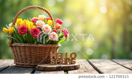 Wicker basket with roses and tulips, Hello Spring sign on wooden table, blurred green background with sunlight bokeh with copy space 122700321