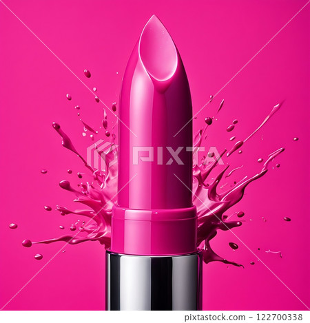 Pink lipstick with liquid splash effect on vibrant background. Creative makeup and beauty concept Pink lipstick with liquid splash effect on vibrant background. Creative makeup and beauty concept 122700338