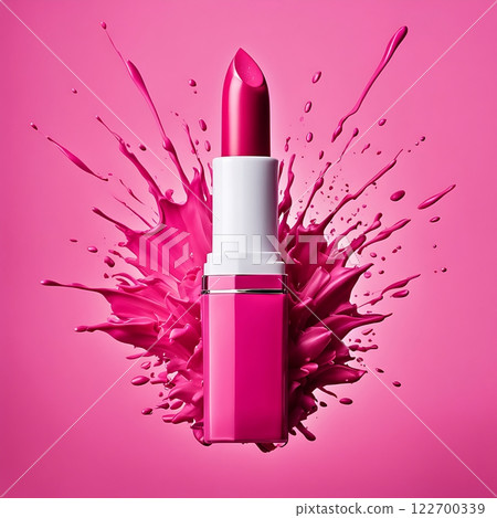 Pink lipstick with splash of liquid on pink background. Creative cosmetics and beauty product concept Pink lipstick with splash of liquid on pink background. Creative cosmetics and beauty product concept 122700339