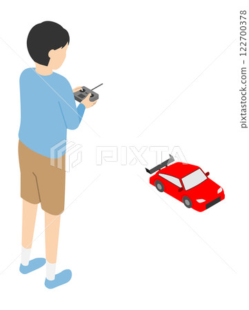 男孩駕駛無線電遙控汽車 — — 等距 122700378