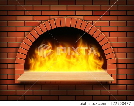 Wood burning oven with flame inside 122700477