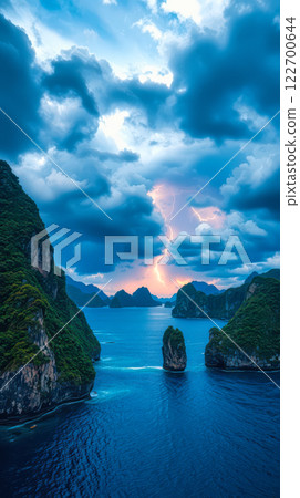 Beautiful landscape with high mountain peaks and lake. AI Generated 122700644