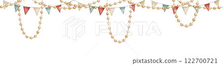 Watercolor Garland Border with colorful lights and bunting flags. Illustration of seamless pattern for festive greeting cards or childish carnival invitations. Art for baby design. Watercolor Garland Border with colorful lights and bunting flags. Illustration of seamless pattern for festive greeting cards or childish carnival invitations. Art for baby design. 122700721