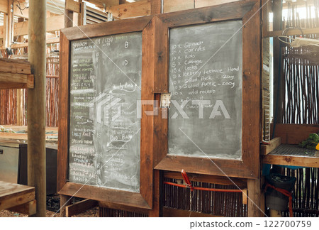 Supermarket or cafe kitchen planning blackboard, restaurant fridge food and cooking home dinner diet for coffee shop customers. Healthy grocery store shopping list, vegetables and bbq grill. 122700759
