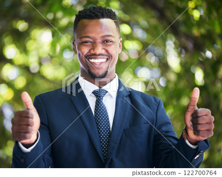 Thumbs up, success and businessman happy, satisfied and excited about job opportunity or goal. Portrait of a black entrepreneur feeling like a winner, saying thank you and sharing motivation outside Thumbs up, success and businessman happy, satisfied and excited about job opportunity or goal. Portrait of a black entrepreneur feeling like a winner, saying thank you and sharing motivation outside 122700764