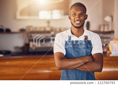 Cafe manager, coffee shop startup and waiter working in hospitality service food industry. Portrait of a happy, smile and proud small business entrepreneur with motivation for success in restaurant Cafe manager, coffee shop startup and waiter working in hospitality service food industry. Portrait of a happy, smile and proud small business entrepreneur with motivation for success in restaurant 122700793