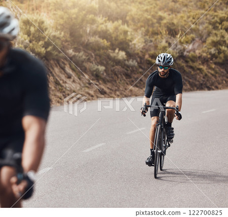 Health, fitness and sports training, cycling on road together, exercise and serious endurance workout. Athlete cyclist practice speed and high performance, enjoy cardio activity and healthy lifestyle 122700825