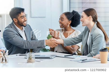 Success handshake, b2b partnership deal and client agreement of teamwork collaboration in a office. Thank you, welcome or happy business of a crm corporate contract business meeting or job strategy 122700902
