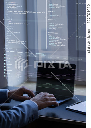 Virtual screen displaying fictional e-commerce web code, user interface styling, and system analytics. Virtual screen displaying fictional e-commerce web code, user interface styling, and system analytics. 122701010