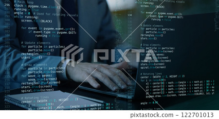 Programmer typing on laptop with transparent virtual screen displaying fictional programming logic, system updates Programmer typing on laptop with transparent virtual screen displaying fictional programming logic, system updates 122701013