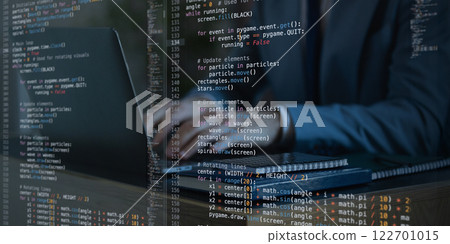 Close-up of hands working on laptop with floating virtual interface. Fictional programming script and system diagnostics Close-up of hands working on laptop with floating virtual interface. Fictional programming script and system diagnostics 122701015