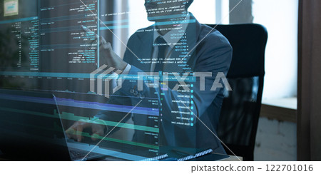 Man in suit using futuristic virtual interface with lines of fictional code and performance analysis. Man in suit using futuristic virtual interface with lines of fictional code and performance analysis. 122701016