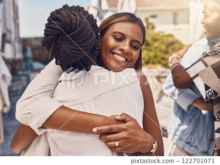 Girl friend, friends and happy hug of women with a smile hugging with happiness and love. Young female adult friendship of university students showing trust, care and unity together smiling outdoors Girl friend, friends and happy hug of women with a smile hugging with happiness and love. Young female adult friendship of university students showing trust, care and unity together smiling outdoors 122701071