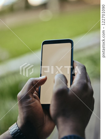 Digital phone and mockup space for screen looking at social media, internet or web content. Hands typing on a mock up display using mobile apps, 5g internet and online communication technology 122701090