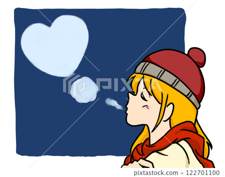 藍色背景中，一位戴著紅帽子的紅髮（金髮）女孩的側臉，直視一側，她的呼吸形成一個蓬鬆的心形 122701100