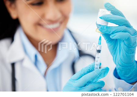 Doctor or medical worker with covid vaccine injection at hospital or laboratory close up. Hands of healthcare woman with medicine and shot to help with health, wellness and immunity booster Doctor or medical worker with covid vaccine injection at hospital or laboratory close up. Hands of healthcare woman with medicine and shot to help with health, wellness and immunity booster 122701104