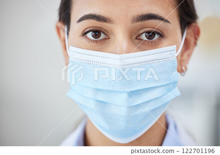 Covid doctor with face mask for safety, medicine and hygiene while working in a medical hospital or clinic. Portrait of woman nurse, healthcare expert and professional worker in corona virus pandemic 122701196