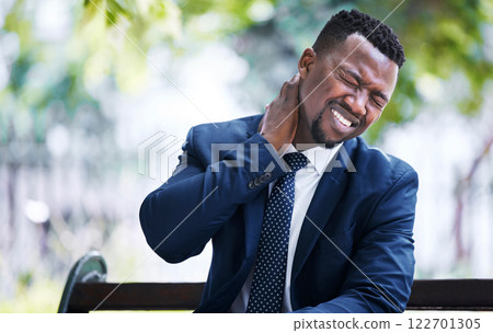 Stress, burnout or pain and a business man with an neck injury in the city. Corporate worker in need of medical aid or emergency care after an accident sitting on a bench, overworked with a headache Stress, burnout or pain and a business man with an neck injury in the city. Corporate worker in need of medical aid or emergency care after an accident sitting on a bench, overworked with a headache 122701305