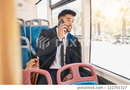 Phone, travel or communication with a business man talking and networking on a bus, public transport and commuting in a city. 5g mobile technology with a young worker having a conversation on a call Phone, travel or communication with a business man talking and networking on a bus, public transport and commuting in a city. 5g mobile technology with a young worker having a conversation on a call 122701327