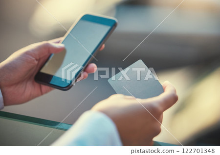 Credit card, finance and mobile banking with a person online shopping, banking or investment. Phone, payment and ecommerce or hands buying stocks, trading on stock market or working on digital tech. 122701348