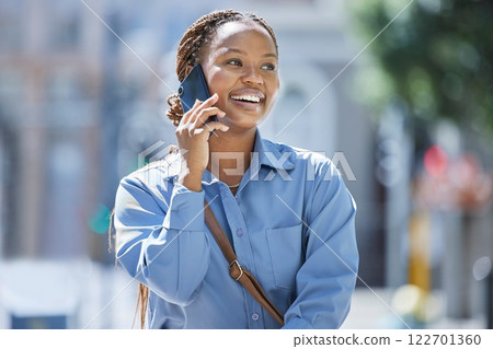 Black woman on talking phone, business networking and calling customers with 5g in city in morning travel to work. Smile, happy and motivation from entrepreneur with tech and global success vision Black woman on talking phone, business networking and calling customers with 5g in city in morning travel to work. Smile, happy and motivation from entrepreneur with tech and global success vision 122701360