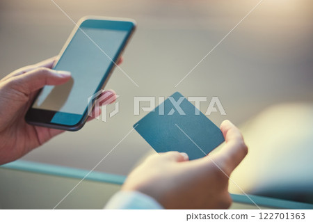 Customer hands online shopping on phone use credit card ecommerce internet payment, finance technology for bills. Woman make digital web store app purchase cashless transaction with plastic money. 122701363