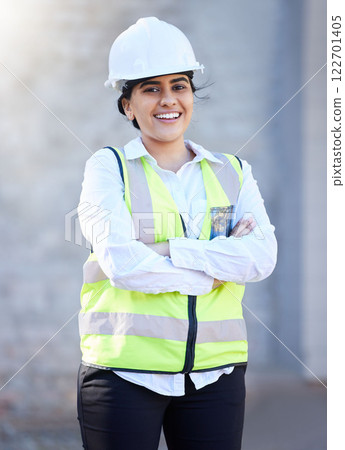 Construction, building and engineering with a woman contractor or technician outside on a build site for development, renovation or remodel. Construction worker ready for build, maintenance or repair 122701405