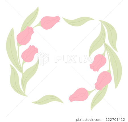 Floral frame with tulips and leaves. Template with copy space for text. Springtime and wedding invitation concept. Vector illustration. Design for greeting card, postcard, banner, poster 122701412