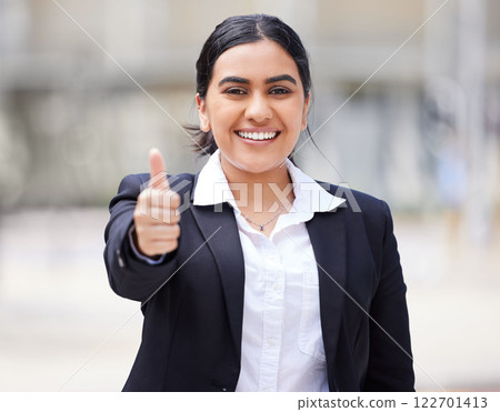 Thumbs up, success and business intern feeling happy, proud and excited about job opportunity or goal. Portrait of entrepreneur feeling like winner, saying thank you and sharing motivation outside 122701413