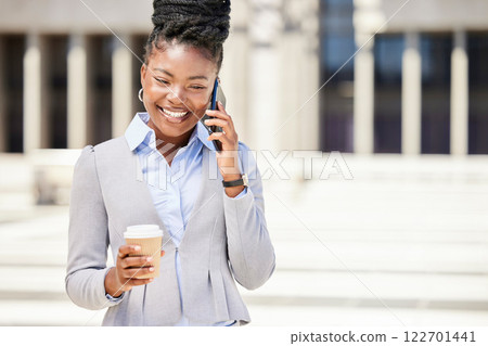 Happy business woman on a phone call and drinking coffee while outside in the city, happy and confident. Young entrepreneur planning with investors, discussing strategy and innovative idea Happy business woman on a phone call and drinking coffee while outside in the city, happy and confident. Young entrepreneur planning with investors, discussing strategy and innovative idea 122701441