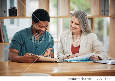 Female leader, manager or boss meeting with an employee, colleague or project leader to discuss a project or report in the boardroom. Business man and woman talking about growth and development 122701448