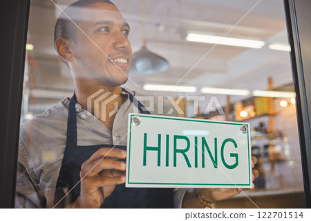 Recruitment, advertising and small business owner with hiring sign board on window or door of cafe or restaurant, happy and positive. Young business man excited open after end of covid virus pandemic Recruitment, advertising and small business owner with hiring sign board on window or door of cafe or restaurant, happy and positive. Young business man excited open after end of covid virus pandemic 122701514