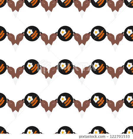 Male hands Afro American or Mexican nationalities hold Grill pan with Fried egg and sausages Pattern Male hands Afro American or Mexican nationalities hold Grill pan with Fried egg and sausages Pattern 122701533