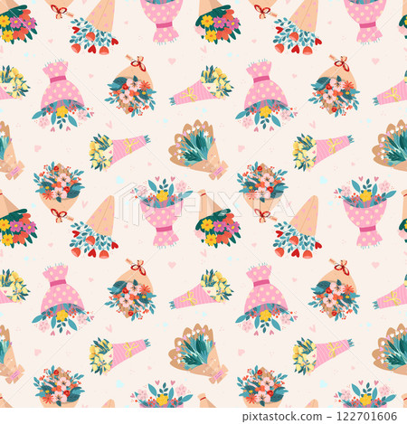 Bouquet of flowers, flowers, hearts, holiday, beautiful bouquets of flowers in a wrapper, seamless pattern 122701606