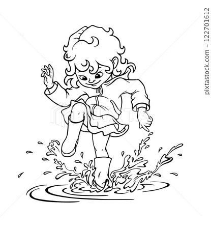 Coloring page with child girl in rubber boots jumping, splashing and stomping joyfully in puddle after the rain in spring, summer or autumn. Happy childhood concept. Hand drawn outline illustration Coloring page with child girl in rubber boots jumping, splashing and stomping joyfully in puddle after the rain in spring, summer or autumn. Happy childhood concept. Hand drawn outline illustration 122701612