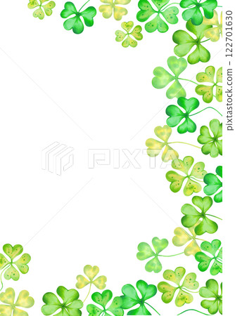 Vertical frame of shamrock, four leaf clover for St. Patrick's Day. Watercolor, marker illustration. Hand drawn isolated art. Clover talisman. Botanical background with text space, copy spaces. Vertical frame of shamrock, four leaf clover for St. Patrick's Day. Watercolor, marker illustration. Hand drawn isolated art. Clover talisman. Botanical background with text space, copy spaces. 122701630