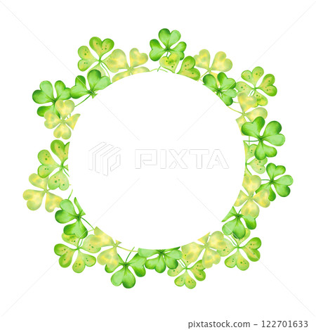 Round frame of shamrock and four leaf clover for St. Patrick's Day. Watercolor and marker illustration. Hand drawn isolated art. Botanical background with copy space, place for holiday text. Round frame of shamrock and four leaf clover for St. Patrick's Day. Watercolor and marker illustration. Hand drawn isolated art. Botanical background with copy space, place for holiday text. 122701633