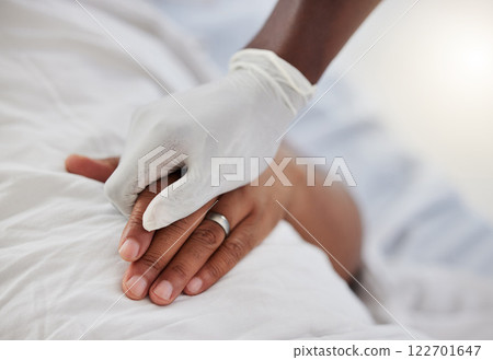 Doctor, healthcare worker and medical professional holding hands to show support, consulting with sick hospital patient and giving healthcare to person. People helping with insurance and surgery Doctor, healthcare worker and medical professional holding hands to show support, consulting with sick hospital patient and giving healthcare to person. People helping with insurance and surgery 122701647