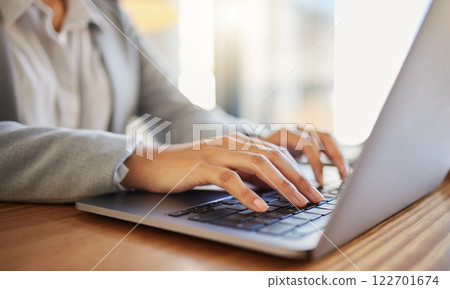 Laptop, email and worker typing for marketing, advertising or documents planning in corporate office. Keyboard, project management and company business employee with administration review 122701674