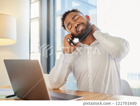 Neck pain, muscle and work stress of a corporate man on a business call at a computer. Tired businessman worker with burnout anxiety working online on a internet finance risk report with a headache 122701680